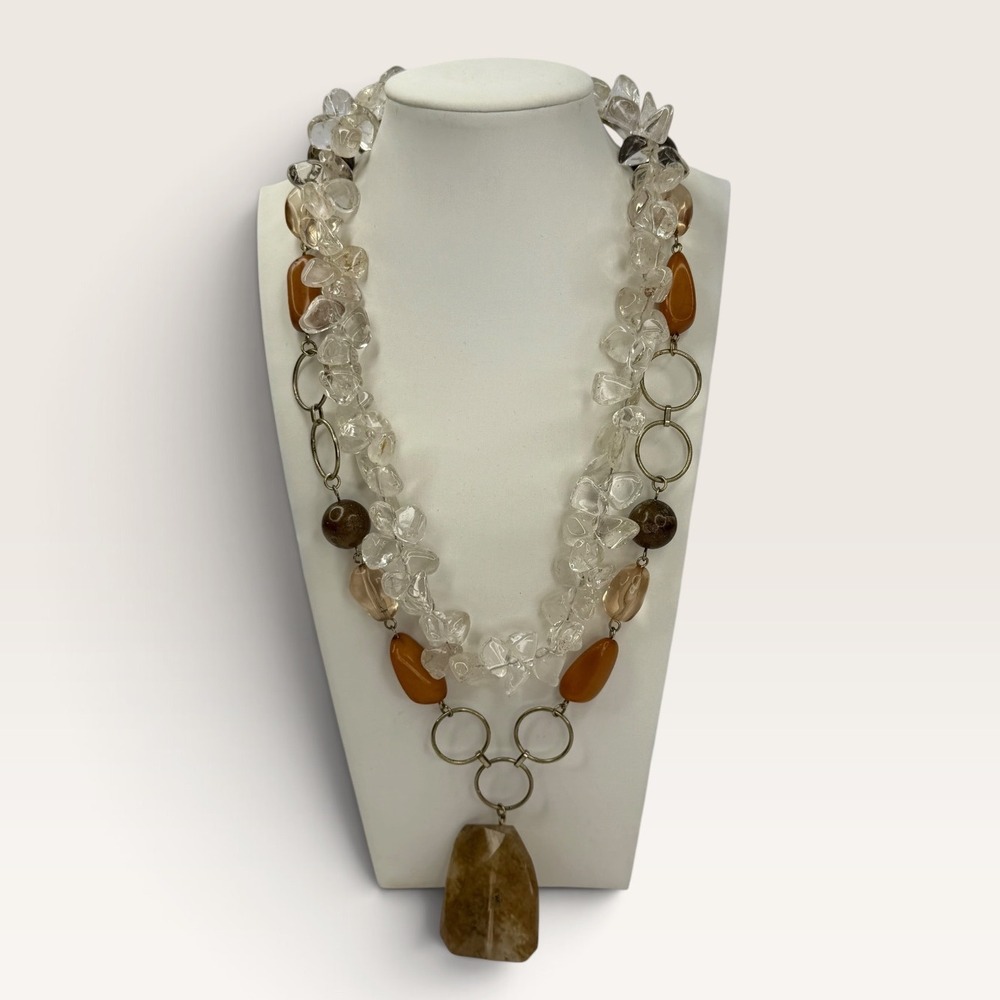 Bohemian Layered Stone Necklace Set Clear Quartz Amber Tones Wood Beads Boho